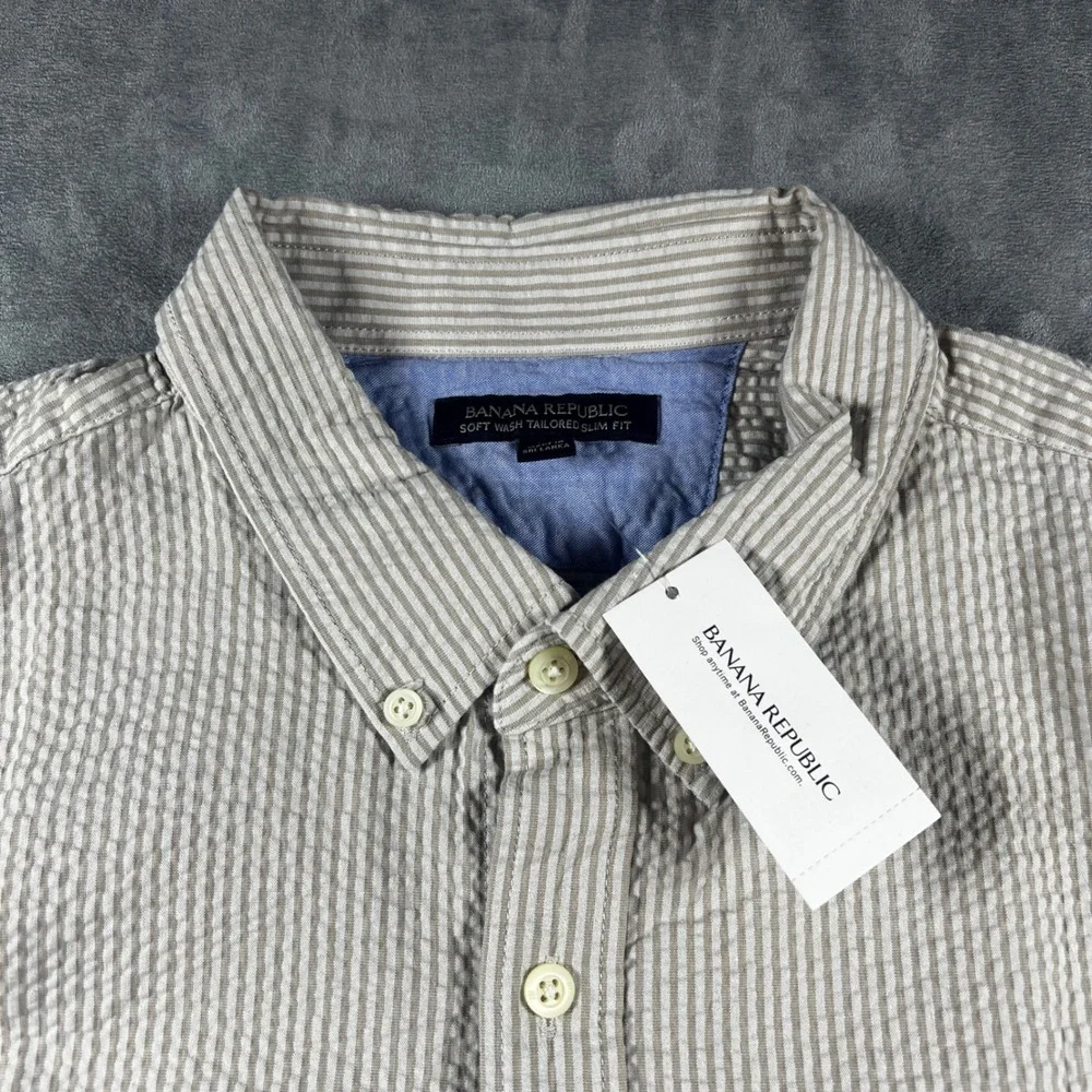 Banana Republic Mens XL Seersucker Shirt Tan White Stripe Tailored Slim Fit‎ NWT